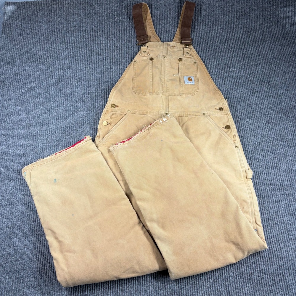 Vintage Carhartt Overalls Mens 36x32 Quilt Lined Duck Bib Tan R02 BRN USA Madeer